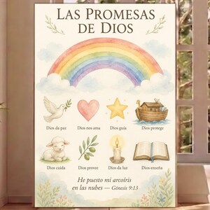 May include: A vertical wall art print titled Las Promesas de Dios featuring a watercolor rainbow, clouds, and eight icons including a dove, heart, star, ark, lamb, olive branch, candle, and open book with Spanish text captions and Genesis 9:13.