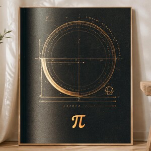 Op de afbeelding: Een rechthoekige wandkunstprint met een donkere zwarte achtergrond en goudkleurige geometrische illustraties. Het ontwerp bevat een groot cirkelvormig diagram met nauwkeurige markeringen en het Griekse pi-symbool onderaan in goud.