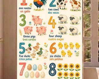 Bilingual Farm Counting Poster, Spanish English Numbers Chart, Farm Animal Nursery Wall Art, Toddler Math Decor