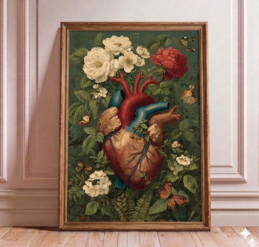 Floral Heart Anatomy Poster, Botanical Cardiac Wall Art, Flower Heart ...