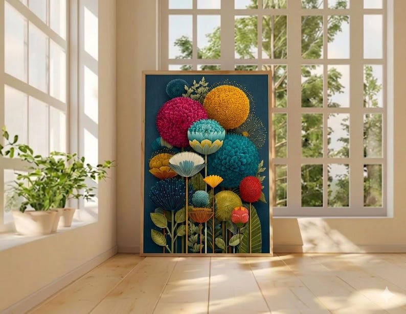 Dark Botanical Art Print, Night Garden Flower Poster, Vibrant Floral Wall Art, Moody Bold Decor, Modern Living Room Print Bild 4