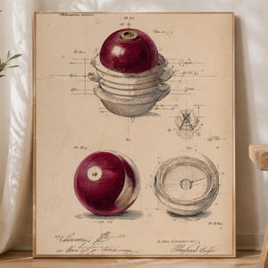 May include: A vintage-style technical drawing on aged paper featuring a dark red spherical object and stacked bowl-like components. The illustration includes detailed cross-sections, geometric lines, and handwritten cursive script annotations.
