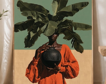 Cuadro decorativo de mujer con hojas de plátano, lámina botánica afrocéntrica, decoración estética verde salvia, arte figurativo negro, regalo para amantes de las plantas.