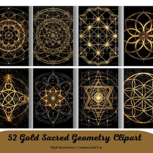 May include: A set of 52 gold sacred geometry clipart designs on a black background. The designs feature geometric patterns, including circles, stars, and lines. The text at the bottom reads "52 Gold Sacred Geometry Clipart".