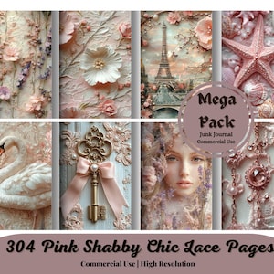 Pink Shabby Chic Lace Pages, Junk Journal, Scrapbook paper, digital paper, printable paper, mixed media, fabrics, tulle, vintage, victorian