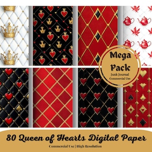 Queen of Hearts Digital Paper, royal heart patterns with harlequin crowns and diamonds instant download for commercial use