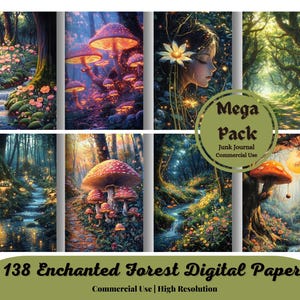 Printable Fantasy Enchanted Forest Digital Paper, Magical Mystery Forest Digital Paper, Woodland Cards, Download Junk Journal, Scrapbooking