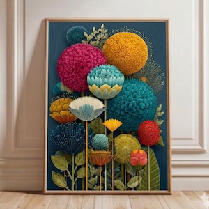Dark Botanical Art Print, Night Garden Flower Poster, Vibrant Floral Wall Art, Moody Bold Decor, Modern Living Room Print Bild 1