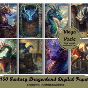 Printable Fantasy Dragonland Digital Paper, Magical Mystery Dragon Digital Paper, Dragon Cards, Download Junk Journal, Scrapbooking, Collage
