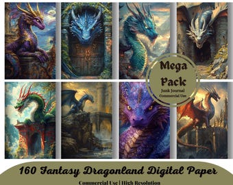 Printable Fantasy Dragonland Digital Paper, Magical Mystery Dragon Digital Paper, Dragon Cards, Download Junk Journal, Scrapbooking, Collage