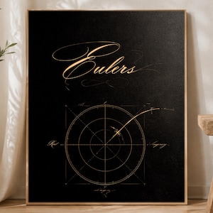 Op de afbeelding: Een rechthoekige wandkunstprint met een zwarte achtergrond en gouden metallic accenten. Het woord Eulers staat bovenaan in een elegant cursief handschrift. Daaronder toont een circulair coördinatensysteem reële en imaginaire assen in goud.