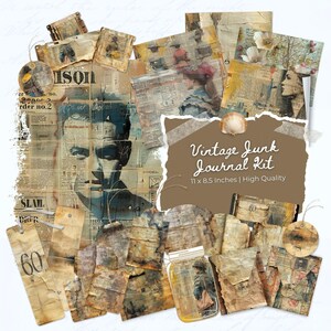Paquete de efímeras de diario basura vintage, hoja de collage imprimible de 33 png, kit de álbum de recortes digital, sobres, marcadores, bolsillos, etiquetas, papel digital