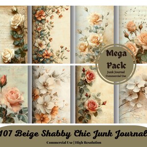Beige Shabby Chic Junk Journal Kit, Vintage Shabby Chic Ephemera Collage, Boho Romantic Scrapbook Paper, Printable Floral Roses Digital Card