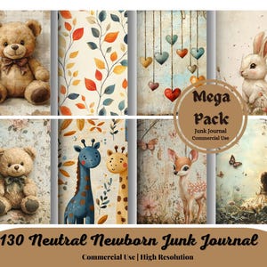 Kit de carnet neutre pour nouveau-né, papier numérique imprimable pour chambre d'enfant, collage éphémère de bébés animaux bohèmes, scrapbooking nouveau-né, fabrication de cartes