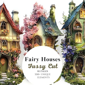 Fairy Houses Fussy Cuts, Enchanting House Graphics, Whimsical Printables, Instant Digital Download, Unlimited Commercial Use for Crafts