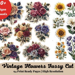 Fussy Cut Vintage Flowers, Junk Journal Flowers Ephemera, Vintage Flowers Scrapbook, Printable Floral Stickers, Flowers Embellishments