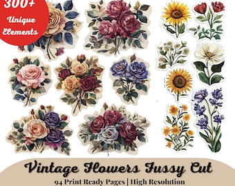 Fussy Cut Vintage Flowers, Junk Journal Flowers Ephemera, Vintage Flowers Scrapbook, Printable Floral Stickers, Flowers Embellishments