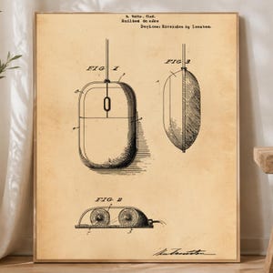 May include: A vintage-style patent print on aged paper featuring technical line drawings of a computer mouse. The illustration includes three distinct views labelled Fig 1, Fig 2, and Fig 3, with detailed schematics, reference numbers, and handwritten-style text at the top and bottom.