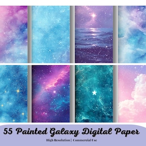 May include: A set of 8 digital papers featuring painted galaxy designs in various shades of blue, pink, and purple with stars and clouds. The papers are high resolution and can be used for commercial purposes.