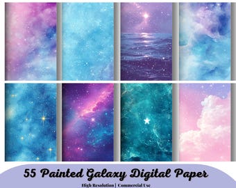 Painted Galaxy Digital Paper,  watercolor starry night backgrounds printable night sky nebula scrapbook paper textures