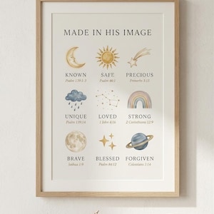 May include: A framed print with the words "MADE IN HIS IMAGE" at the top. The print features watercolor illustrations of a moon, sun, star, cloud, constellation, rainbow, full moon, stars, and a planet, each with a corresponding word and Bible verse.