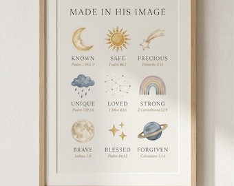 made in his image  Celestial Nursery Art, Moon Stars Bible Verse Print, Christian Kids Affirmation, Space Nursery Decor, Faith Wall Art