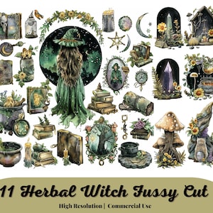 Herbal Witch Witchcraft, Watercolor Wiccan Fussy Cuts, Clipart PNG Bundle, Instant Download, Commercial Use, Scrapbook Junk Journal