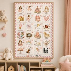 Girls Alphabet Wall Banner | ABC Nursery Decor Playroom Wall Hanging | Educational Kids Room Letter Chart | Pink