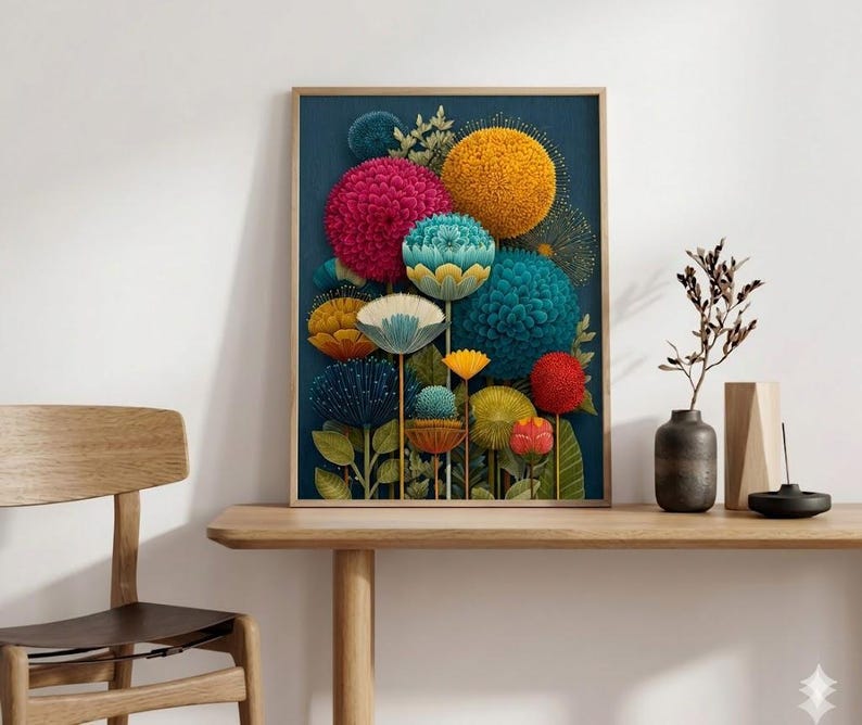 Dark Botanical Art Print, Night Garden Flower Poster, Vibrant Floral Wall Art, Moody Bold Decor, Modern Living Room Print Bild 2