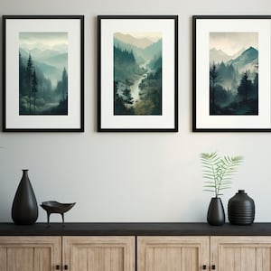Sage Green Mountain 3 Piece Wall Art | Modern Watercolor Mountain Wall Art | Abstract Nature Print | Pine Forest Wall Art (Set-1)