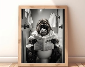 Poster of Gorilla Sitting on the Toilet Reading a Newspaper, Funny Bathroom Wall Decor, Funny Animal Print, Home Printables