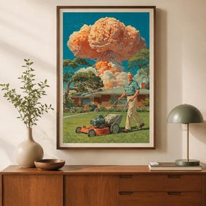 Mid Century Modern Atomic Wall Art 1950s Nuclear Mushroom Cloud Dad Mowing Lawn Dark Humor Decor Retro Sci Fi Cold War Print Poster