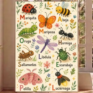 May include: A rectangular wall art print featuring colorful illustrations of insects including a ladybug, bee, butterfly, caterpillar, ant, dragonfly, grasshopper, beetle, moth, and firefly, with Spanish text labels for each insect species.