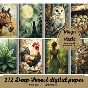 Deep Forest pages for scrapbook, junk journal, printable images, digital paper, nature, animals, green, watercolor style, fantasy, fairy