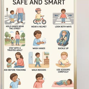 Könnte beinhalten: Ein Poster mit dem Titel SAFE AND SMART, das zwölf illustrierte Felder mit Sicherheitstipps für Kinder zeigt. Jedes Feld enthält eine Zeichnung eines Kindes, das eine Handlung ausführt, wie das Tragen eines Helms oder Händewaschen.