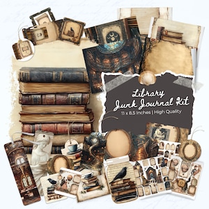 Secret Library Junk Journal Kit (Printable Pages with Ephemera, Tags, Bookmark), Dark Academia, Old Book Digital Paper, Digital Download