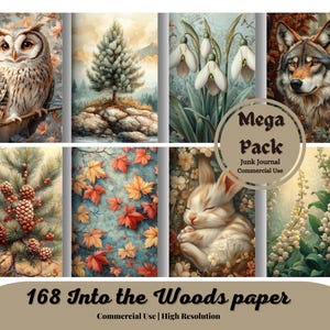 Into the Woods paper for Scrapbook and Junk journal, digital paper, animals, forest, wilderness, nature, botanical images, printable paper