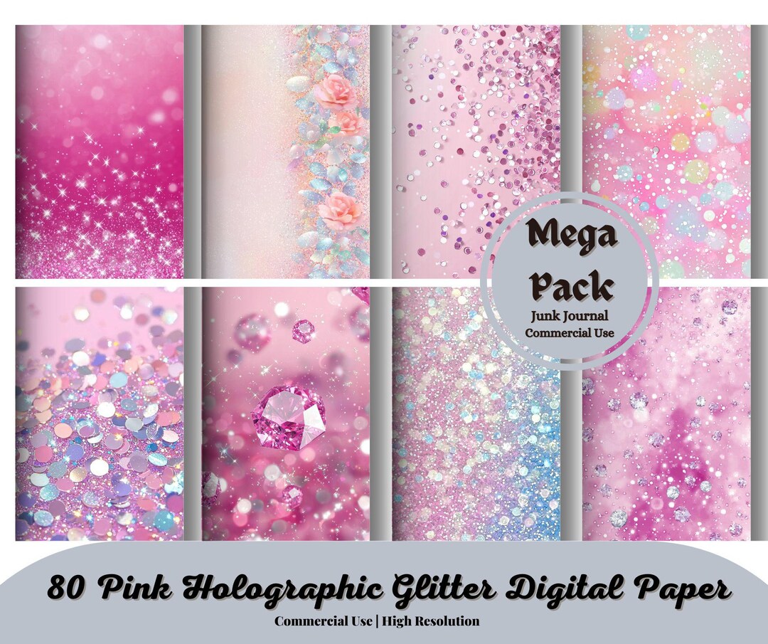 Pink Holographic Glitter Digital Paper, Printable Scrapbook Paper With ...