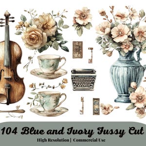 Blue and Ivory Large Fussy Cut, Tags, Junk Journal, Vintage, Cricut, Victorian, BuJo, Stickers, Printable, Digital Download