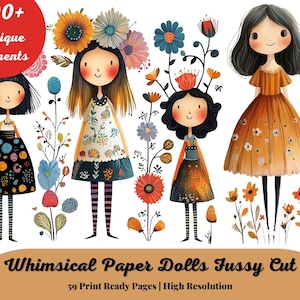 WHIMSICAL PAPER DOLLS and Sceneries printable kit junk journal cut off | Dolls journaling supplies Collage | fussy cut doll digital