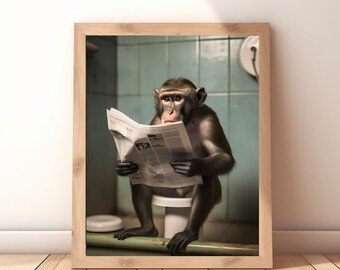 Poster of Monkey Sitting on the Toilet Reading a Newspaper | Funny Bathroom Wall Decor | Funny Animal Print | Home Printables | toilet photo