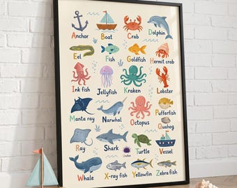 Ocean Alphabet Poster, Sea Creatures Wall Art, Under The Sea Nursery, Educational ABC Print, Kids Ocean Decor, New Baby Gift