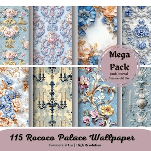 Könnte beinhalten: Eine Sammlung von Rococo Palace Tapeten mit floralen und verzierten Designs in Blau-, Rosa- und Goldtönen. Das Bild enthält den Text "Mega Pack" und "115 Rococo Palace Wallpaper". Für kommerzielle Nutzung.