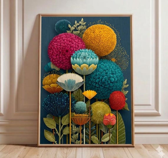 Dark Botanical Art Print, Night Garden Flower Poster, Vibrant Floral Wall Art, Moody Bold Decor, Modern Living Room Print