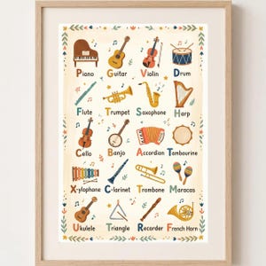 Poster mit Musikinstrumenten, Wandbild mit Musikbezeichnungen, Kinderzimmerdeko, Musikpädagogischer Druck, Instrumententabelle, Geschenk zur Geburt