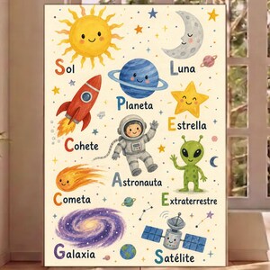 May include: A vertical poster featuring a cream background with colorful illustrations of space elements including a sun, moon, planet, rocket, star, astronaut, alien, comet, galaxy, and satellite, each labeled with Spanish text like Sol and Luna.