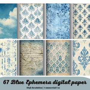 Blue Ephemera digital paper, instant download vintage scrapbook paper, old paper textures, decoupage printable digital backgrounds
