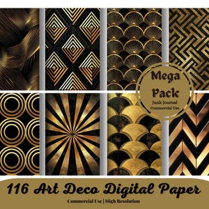 Art Deco Digital Paper, retro art deco patterns in black and gold instant download for commercial use