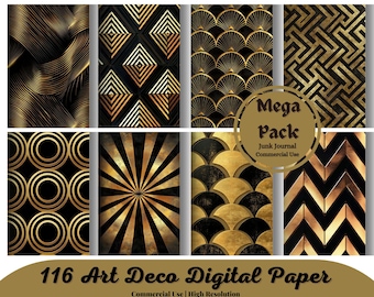 Art Deco Digital Paper, retro art deco patterns in black and gold instant download for commercial use