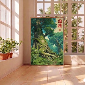 Ancient Forest Japanese Art Print, Ghibli Style Nature Poster, Mossy Tree Woodland Decor, Anime Botanical Wall Art image 3